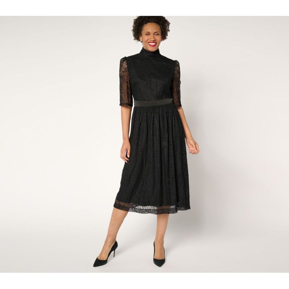 Liberare Women's Dress Sz S Elbow Sleeve Lace Midi Black A682312